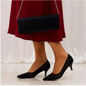 XYD Black Pointed Toe Slip On Mesh Pumps Rhinestone Studs Comfy Kitten Heel Shoe